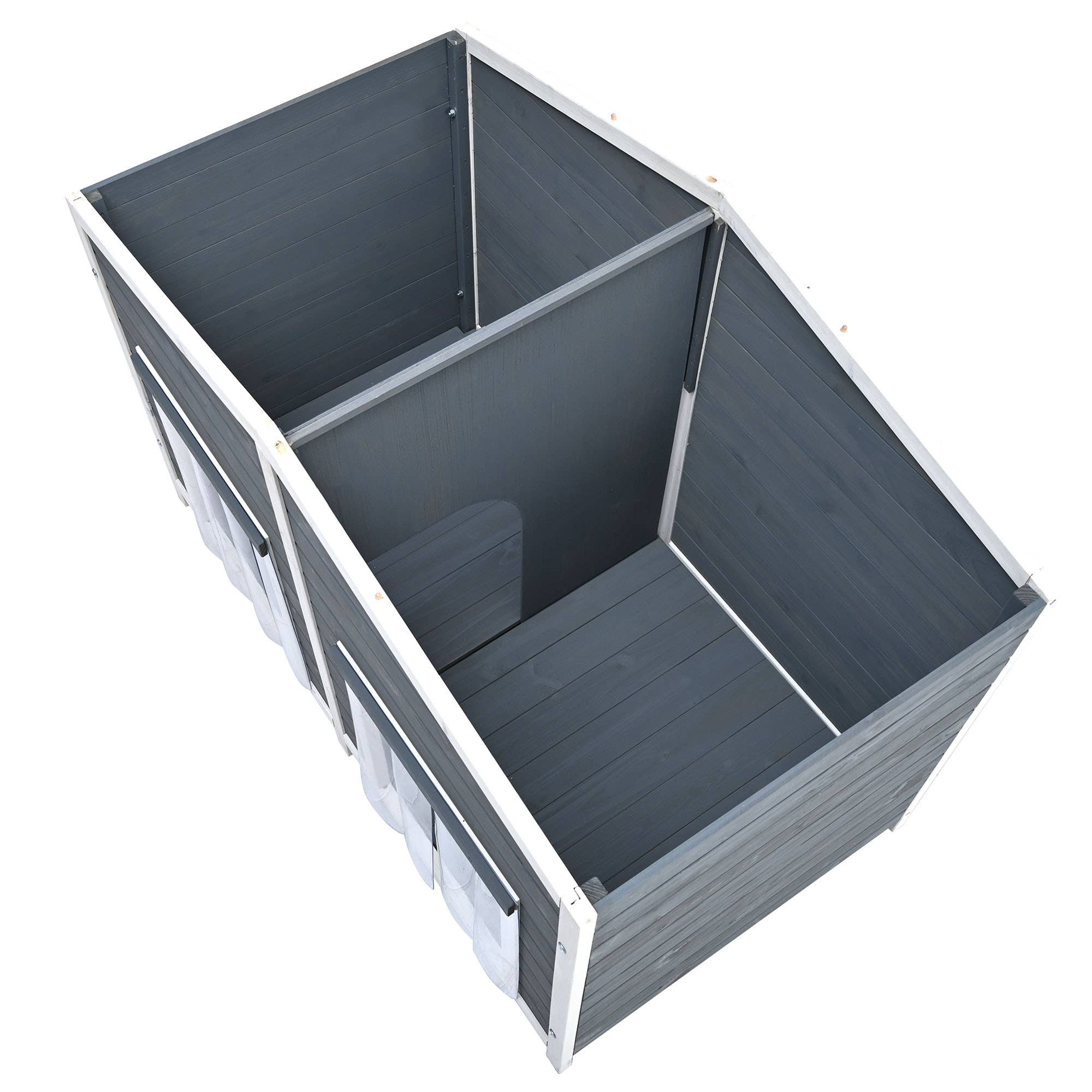 Gray Large Wooden Dog House with Porch, 2 Doors, Cabin Style for wholesale on Faire16