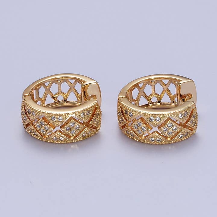 16K Gold Filled Micro Pave Cubic Zirconia Rhombus Wide Huggie Hoop Earrings | X848 for wholesale by Aim Eternal