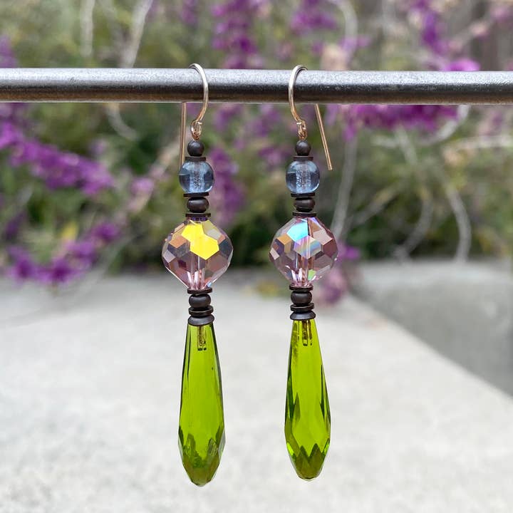 GREEN CHANDELIER EARRINGS, AUSTRIAN CRYSTAL, LT. AMETHYST for wholesale by Owen Glass Collection