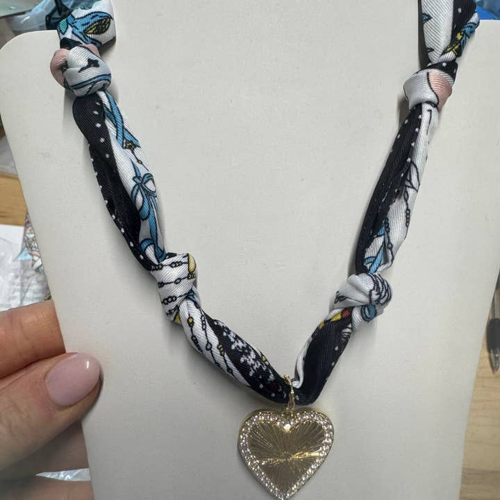 Navy and White Knotted Scarf with Heart Removable Charm for wholesale by What's Hot