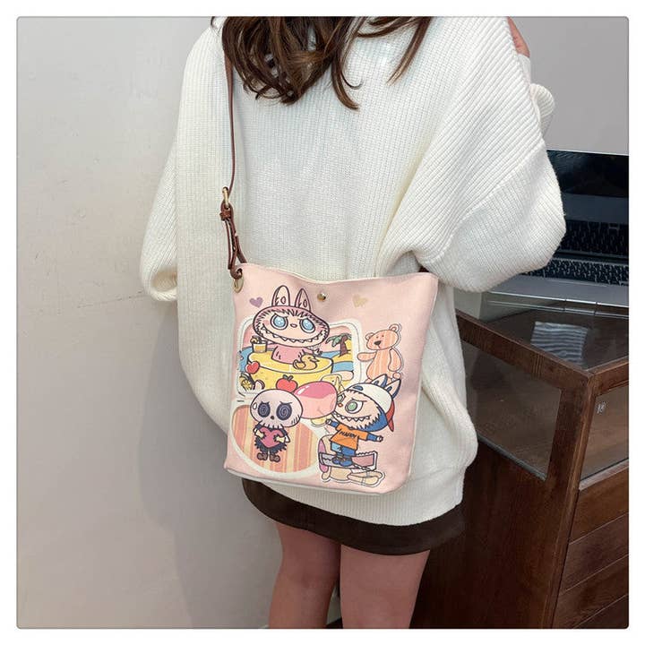 Cartoon Canvas Bucket Bag Painted Crossbody & Shoulder Tote for wholesale by Auraquise