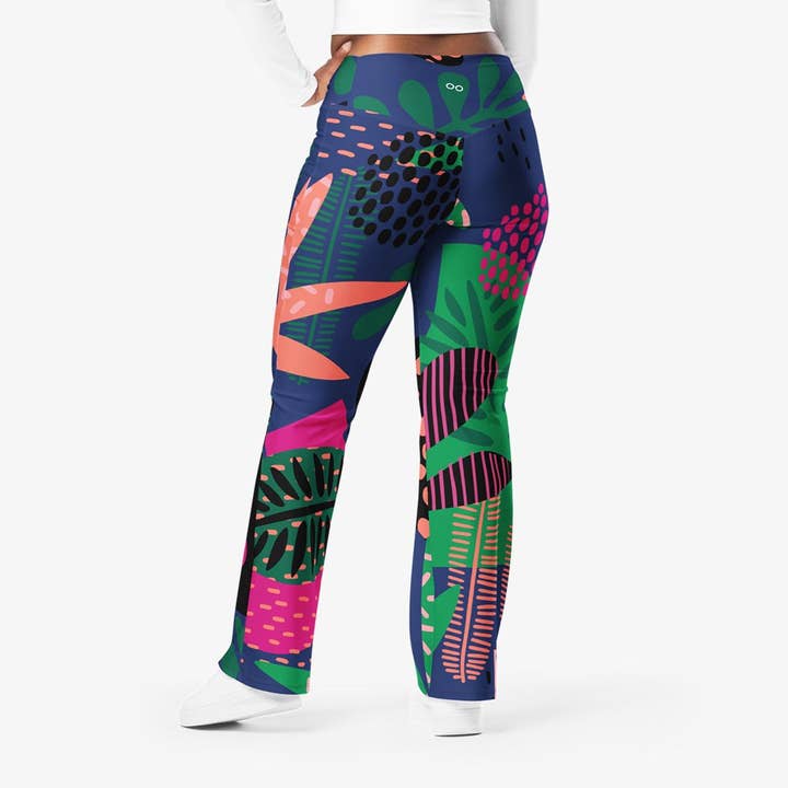 Loony Legs - Wholesale Athletic/Lounge Leggings - Women's - Recycled Flare leggings "Floral Funk" (Blue, Green, Coral)4