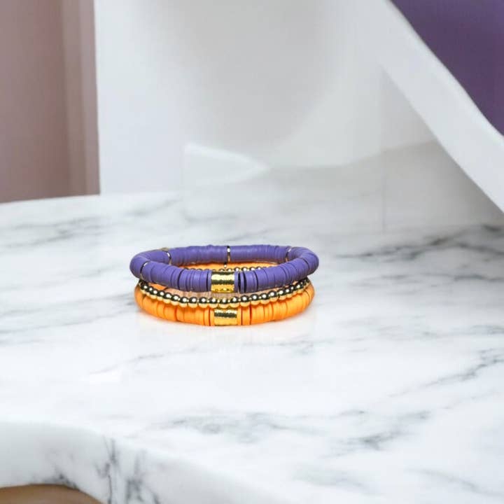 Fish Towne Designs, LLC - Wholesale Jewelry Set - Gold Purple Game Day Stack Bracelet, School Spirit Jewelry