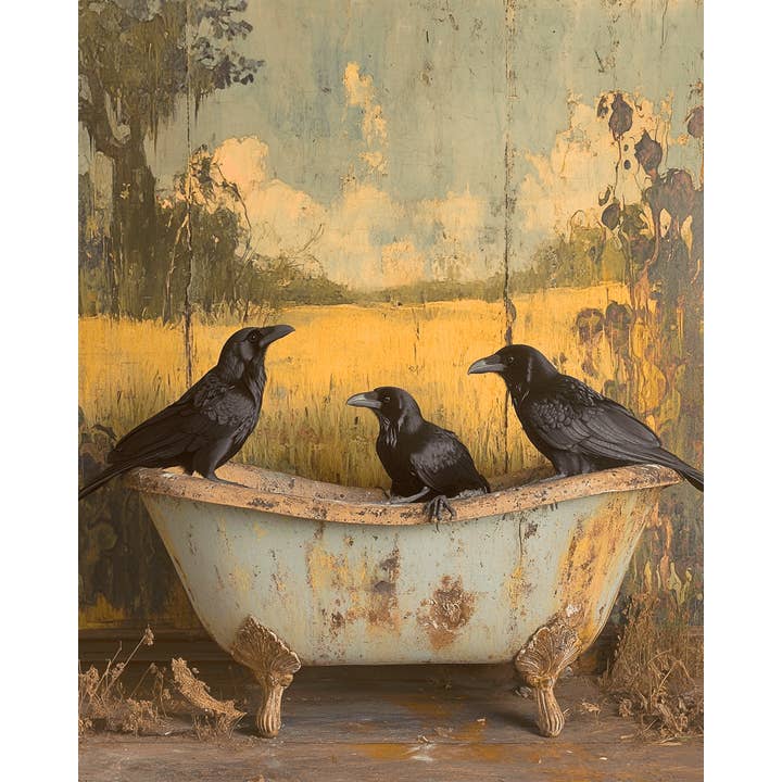 Mowbi - Wholesale Art Print - Folk Art Ravens in Bathtub - Bathroom Wall Art Prints – 8″x10″ Artwork for 11″x14″ Frame
