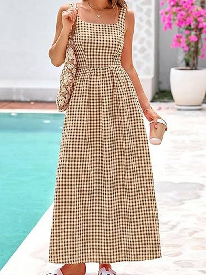 NINEXIS - Wholesale Dress - Women's - CWDHL1084_SPAGHETTI STRAP SQUARE NECK PLAID SHIRRED DRESS11