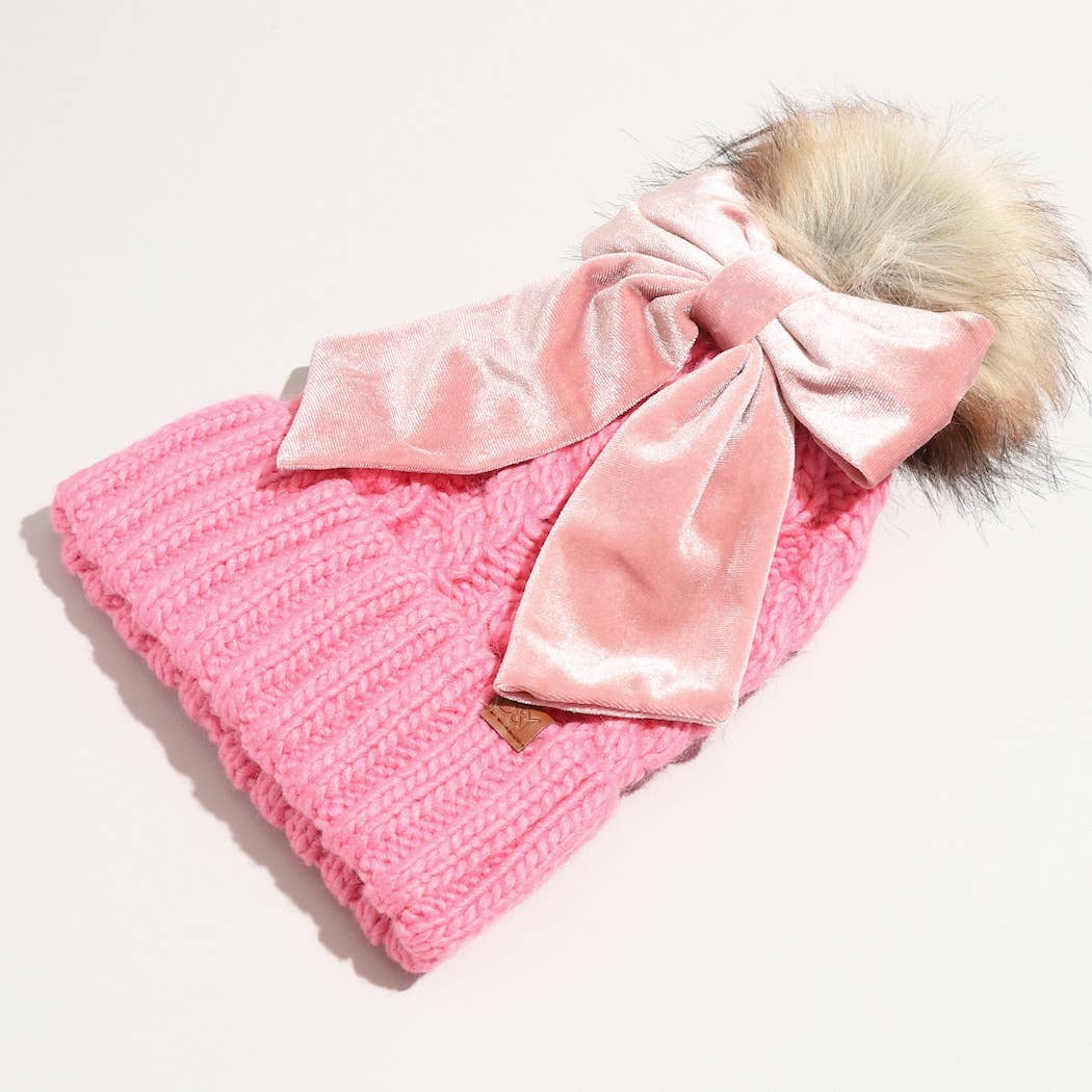 Fashion City - Wholesale Beanie - Women's - Winter Knitted Beanie Pom Pom Ribbon Bow Scrunchie13