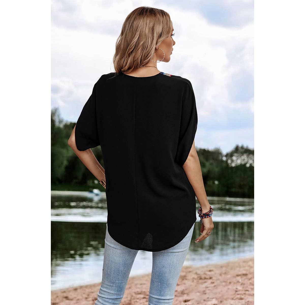 BLACK V Neck Short Dolman Sleeves Boho Loose Top for wholesale on Faire3