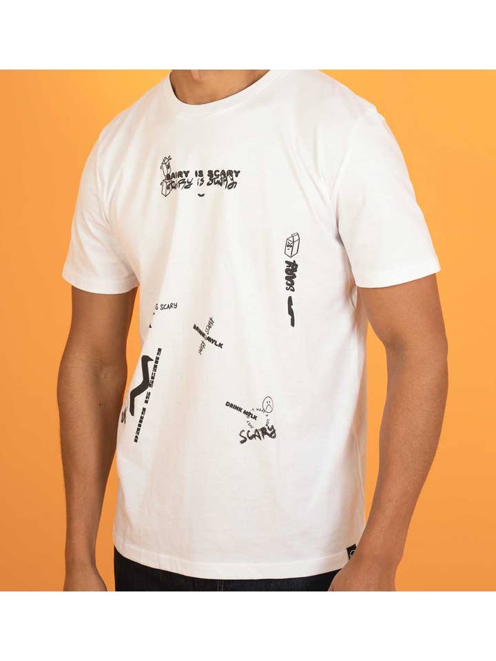 Plant Faced Clothing - Wholesale Screen printed t-shirt – unisex - Dairy Is Scary Graffiti Collage Print - White T-Shirt3
