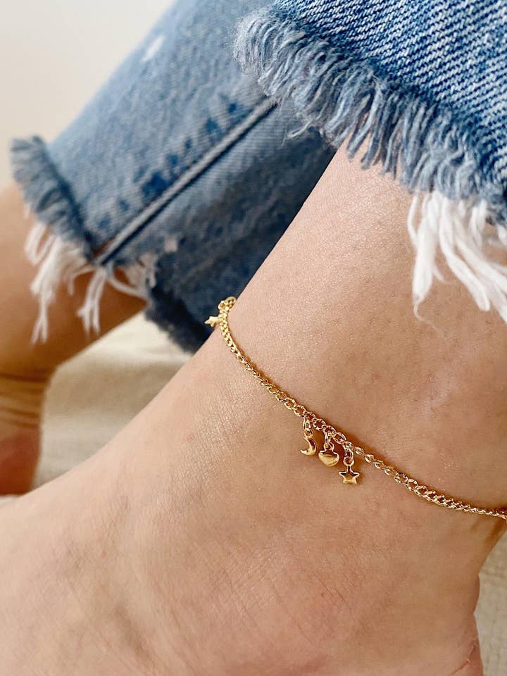 Star, Moon, Heart Charm Anklet for wholesale by Sydney Rose Co.