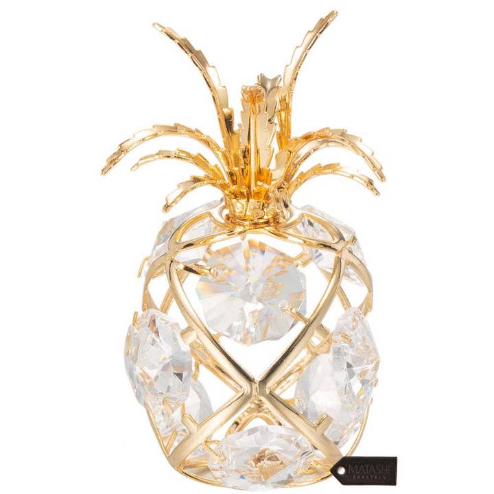 Matashi - Wholesale Decorative Tabletop Object - 24K Gold Mini Pineapple Ornament, Clear Crystal Decor
