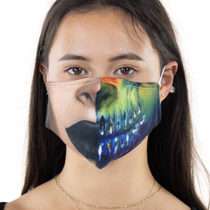 Half Face Half Skull Face Mask In Polyester Material for wholesale by COMECO INC