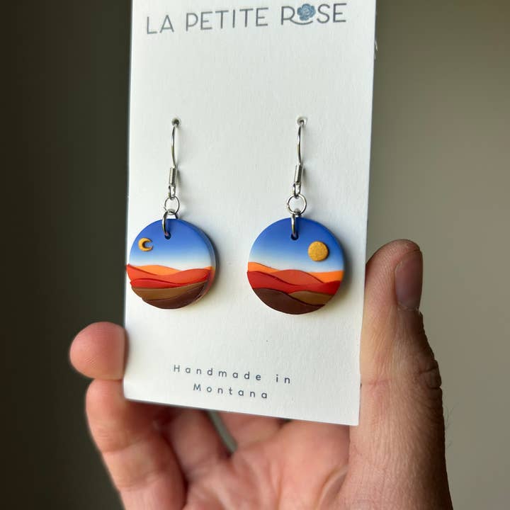 Mountain Landscape Clay Earrings, Sun Moon Dangles for wholesale by La Petite Rose LLC