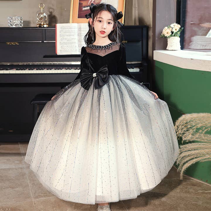 Princess Black Bow Birthday Dress For Girls: Luxurious Long-Sleeved Piano Performance Attire , Perfect For Spring Celebrations for wholesale by MyKids-USA®
