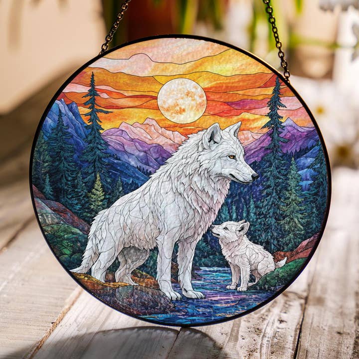 Stained Glass Wolf Mother & Pups Suncatcher, Wildlife Decor for wholesale by TMLECOM LTD