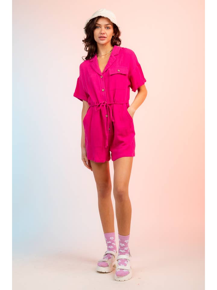 VERY J - Wholesale Romper - Women's - NP70151-Belted Button Down Romper