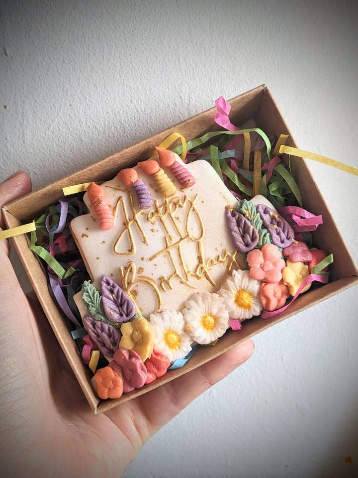 Hand Iced Happy Birthday Cake Biscuit  for wholesale by Pink Door Baking Co