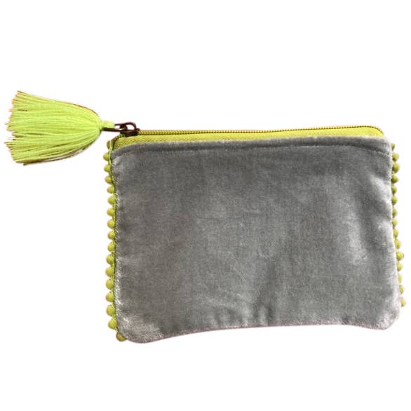 Chloe & Lex - Wholesale Pouch - Women's - Velvet Pouch or Coin Purse Grey with Lime Edges