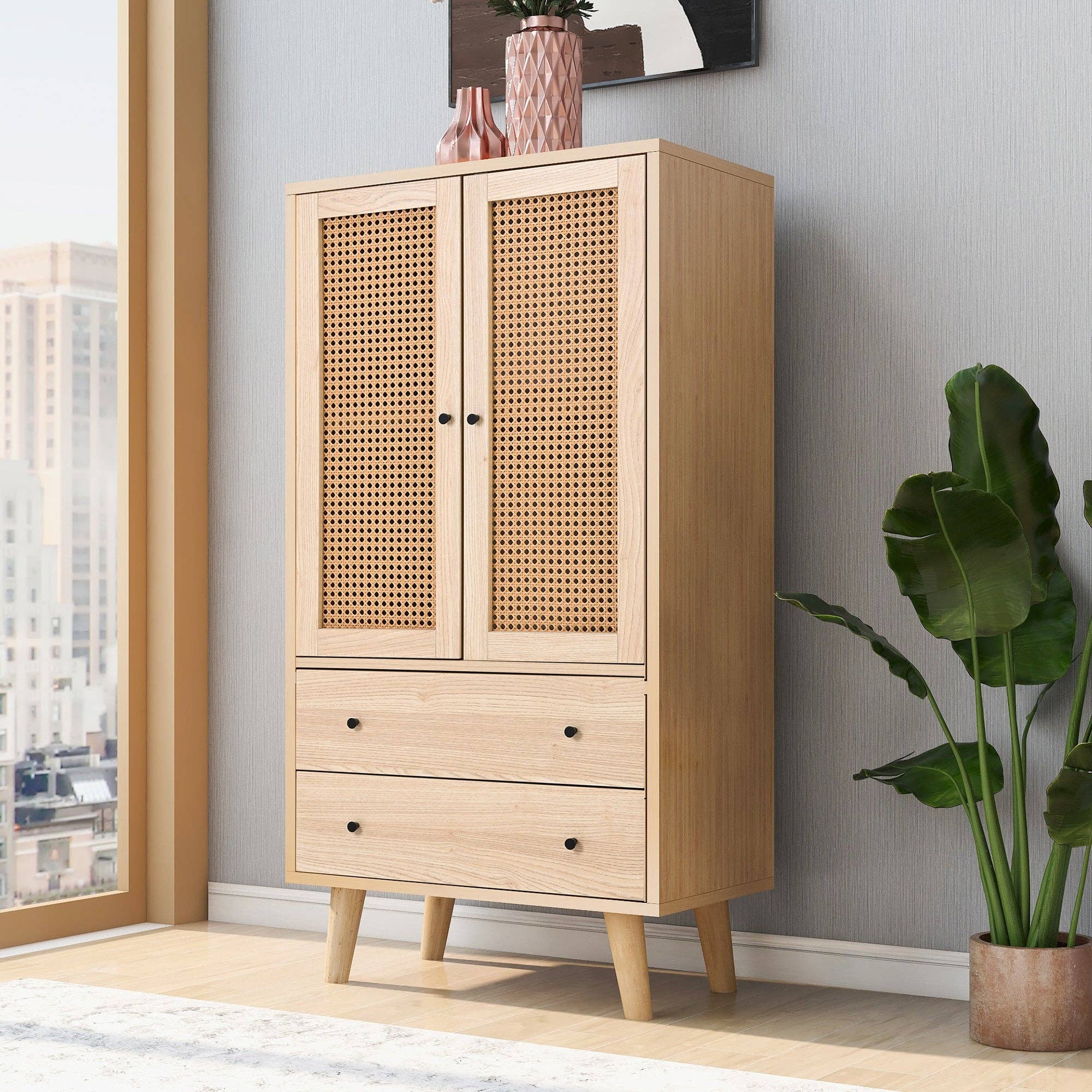 Urban Meuble - Wholesale Cabinet - Wood-effect sideboard with rattan doors and 2 drawers, solid wood legs FENMUCK4