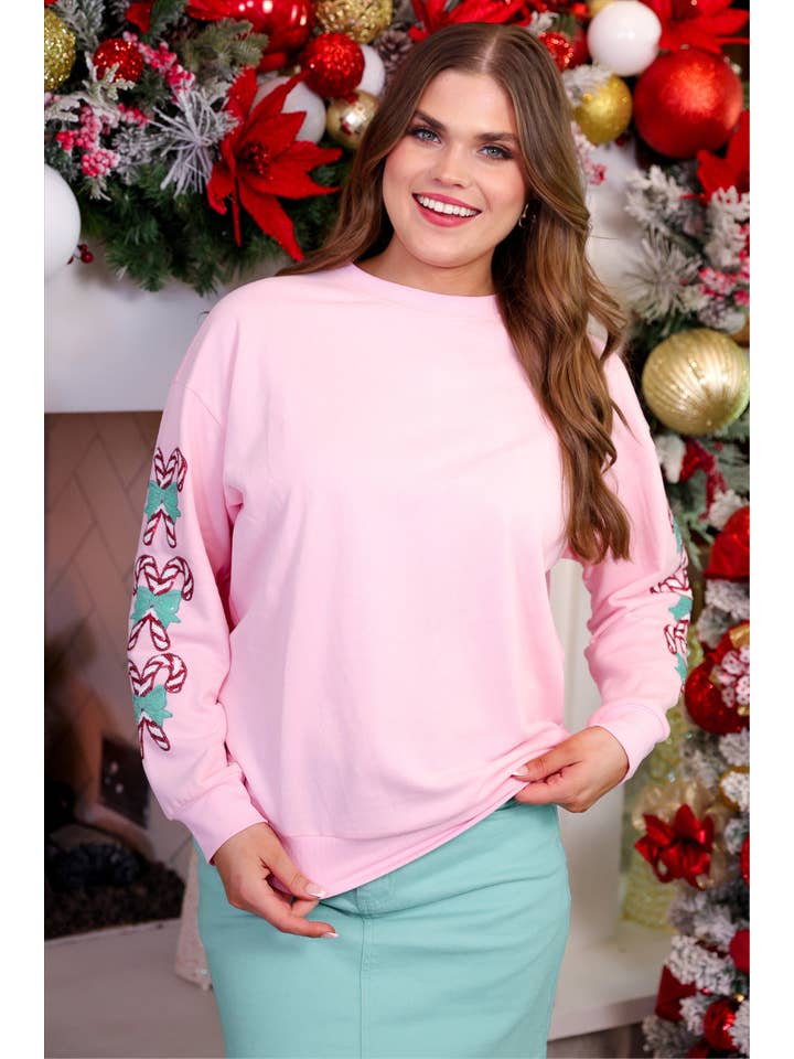 Pink Candy Cane Sleeves Pullover for wholesale on Faire4