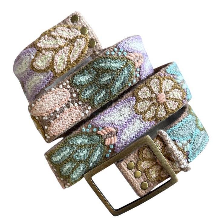 Slate Meadow - Hand Embroidered Floral Wool Peruvian Belt for wholesale by Kuyay Peruvian Designs