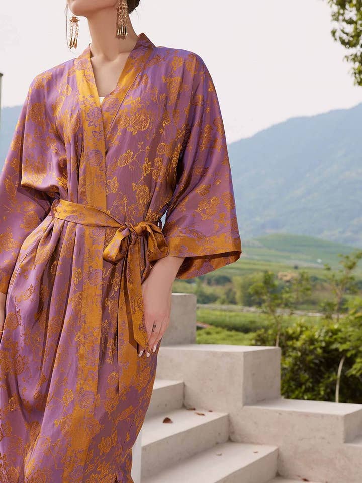 purple Oriental Jacquard Kimono Robe for wholesale on Faire2