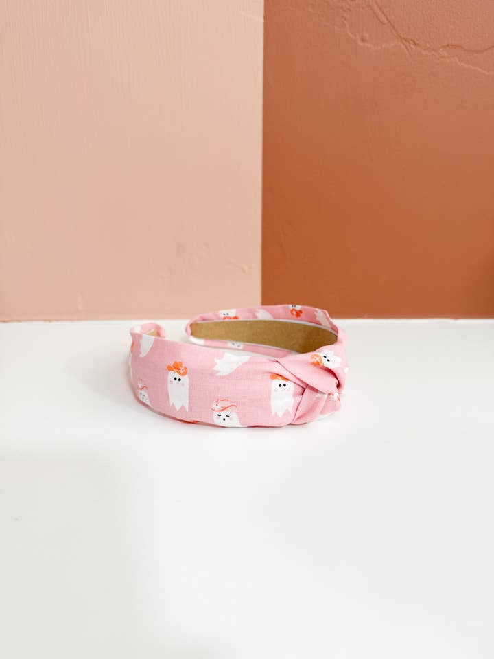 Pink Cowboy Ghosts Halloween Top Knot Headband for wholesale by Little Sunshines Bow & Co