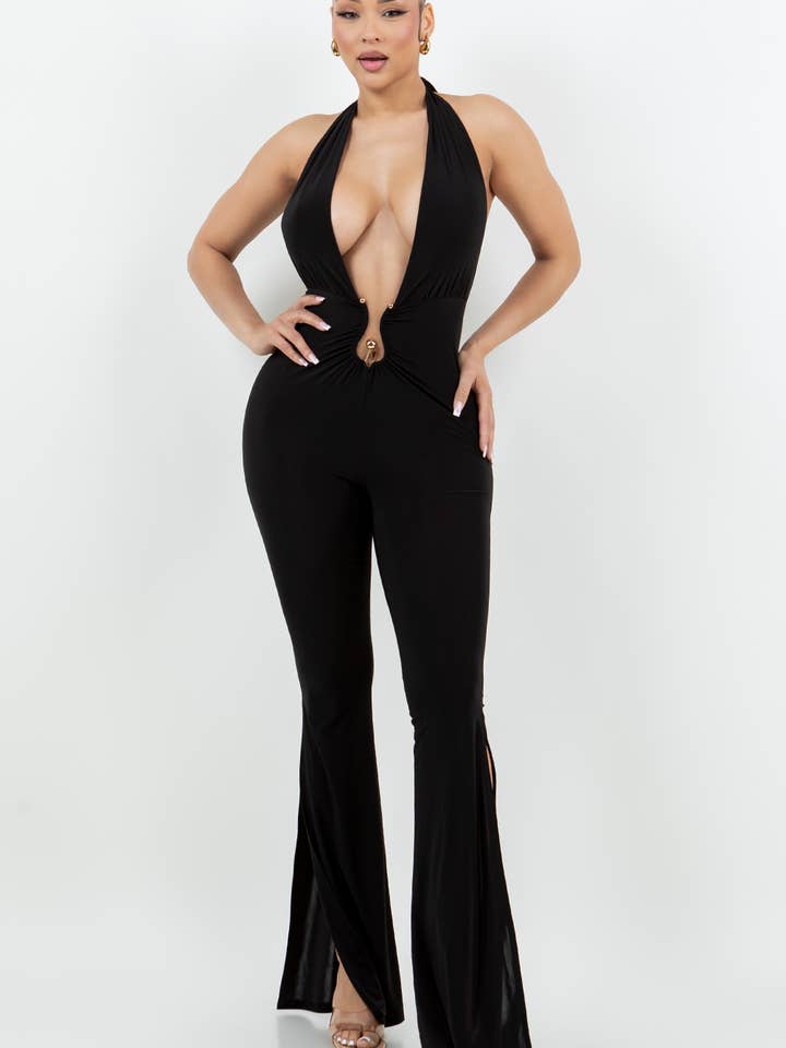 HALTER OPEN BOTTOM JUMPSUIT W CENTER TRIM DETAIL for wholesale by Belita Collection