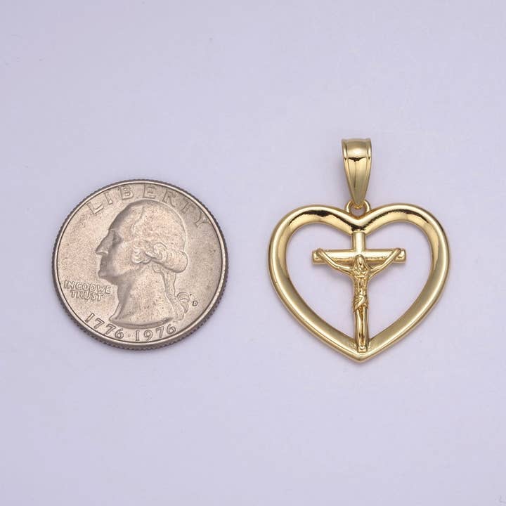 Aim Eternal - Wholesale Individual Charm/Pendant - Gold Heart Cross Pendant Crucifix Jesus Charm for Necklace Bracelet Rosary Component H-7012