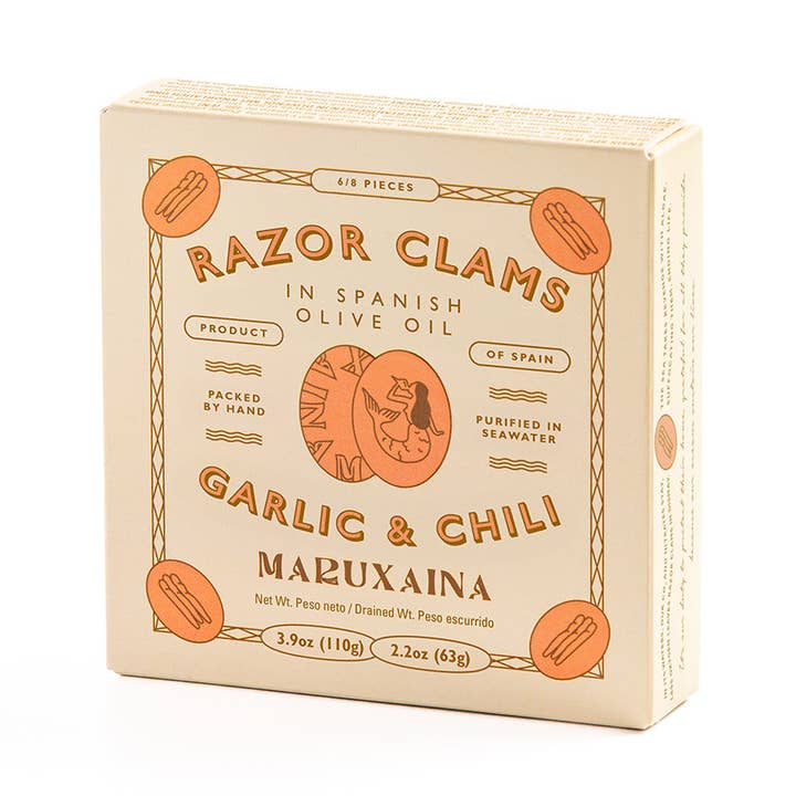 Maruxaina. Razor Clams in Spanish Olive Oil, Garlic & Chili. for wholesale by Don Gastronom USA