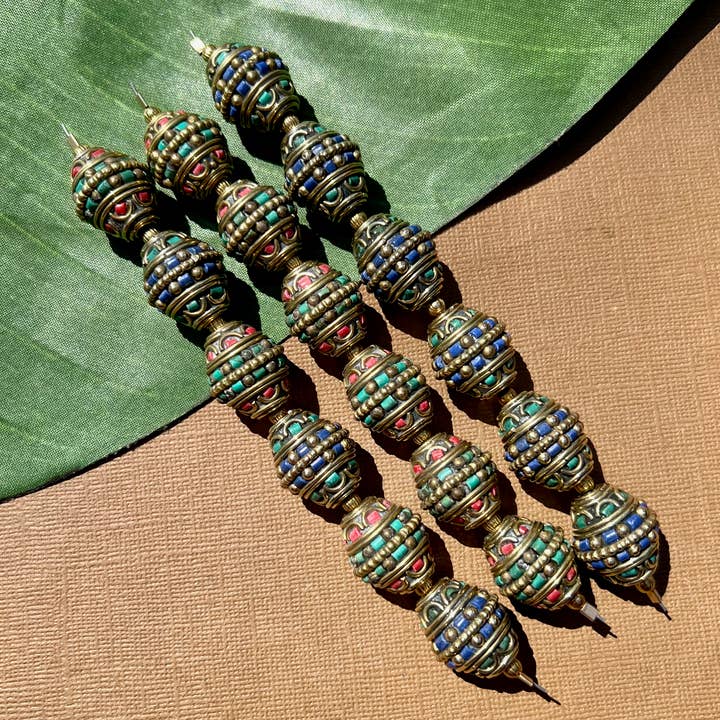 Tibetan Style Brass & Stone Large Bi-Cone - Sold by Pair for wholesale by Bead Goes On