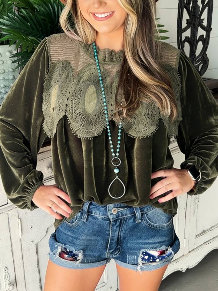 Rertro Lace Detail Patchwork Velvet Babydoll Blouse for wholesale by Rosa Clothing