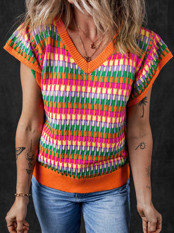 Orange Multi Flutter Sleeve Knitted Sweater Top for wholesale by Azzurro