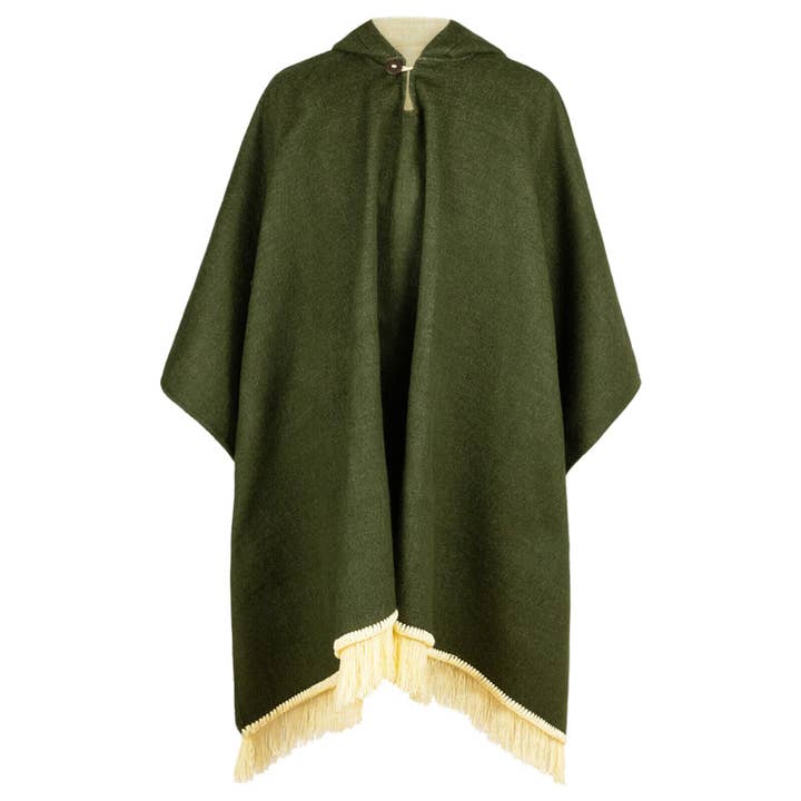 Llangahua - Baby Alpaca wool Hooded Unisex Poncho S-XXL - Solid pattern - Olive Green for wholesale by ECUALAMA