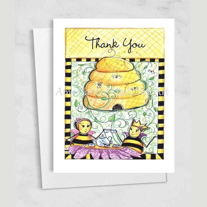Thank You - Queen Bee Having Tea Greeting Card for wholesale by Lula Bell Cards and Gifts
