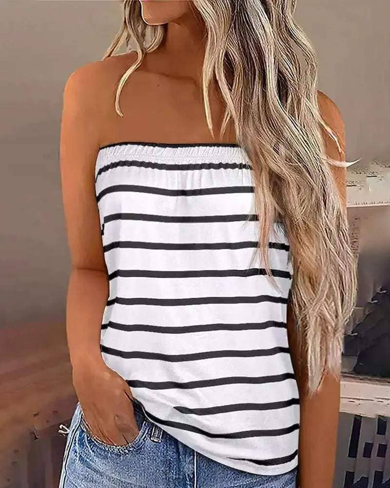 Fashion Combination – wholesale Blouse – Women’s – striped print strapless bandeau tank top0