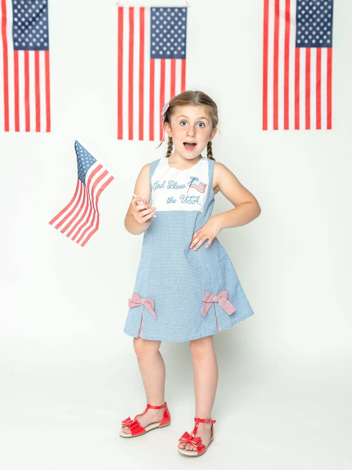 Posh Pickle - Wholesale Dress - Kids - God Bless the USA Seersucker Check Embroidered Kick Pleat Dress