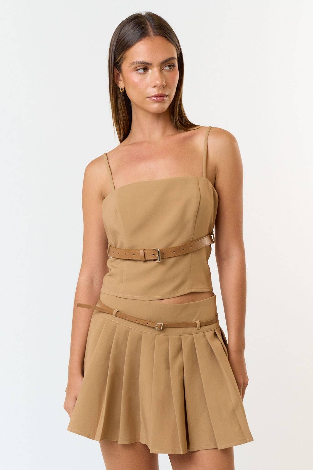 Blue Blush - Wholesale Top & Skirt Set - Women's - IBS31066 Belted Top and Pleated Mini Skirt Set3