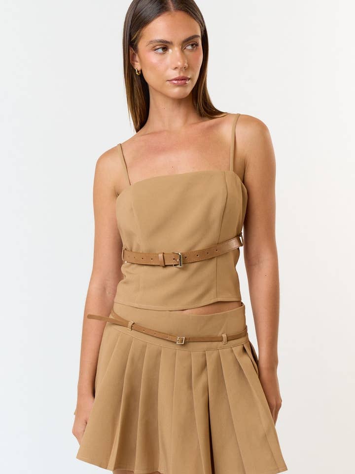 Blue Blush - Wholesale Top & Skirt Set - Women's - IBS31066 Belted Top and Pleated Mini Skirt Set3