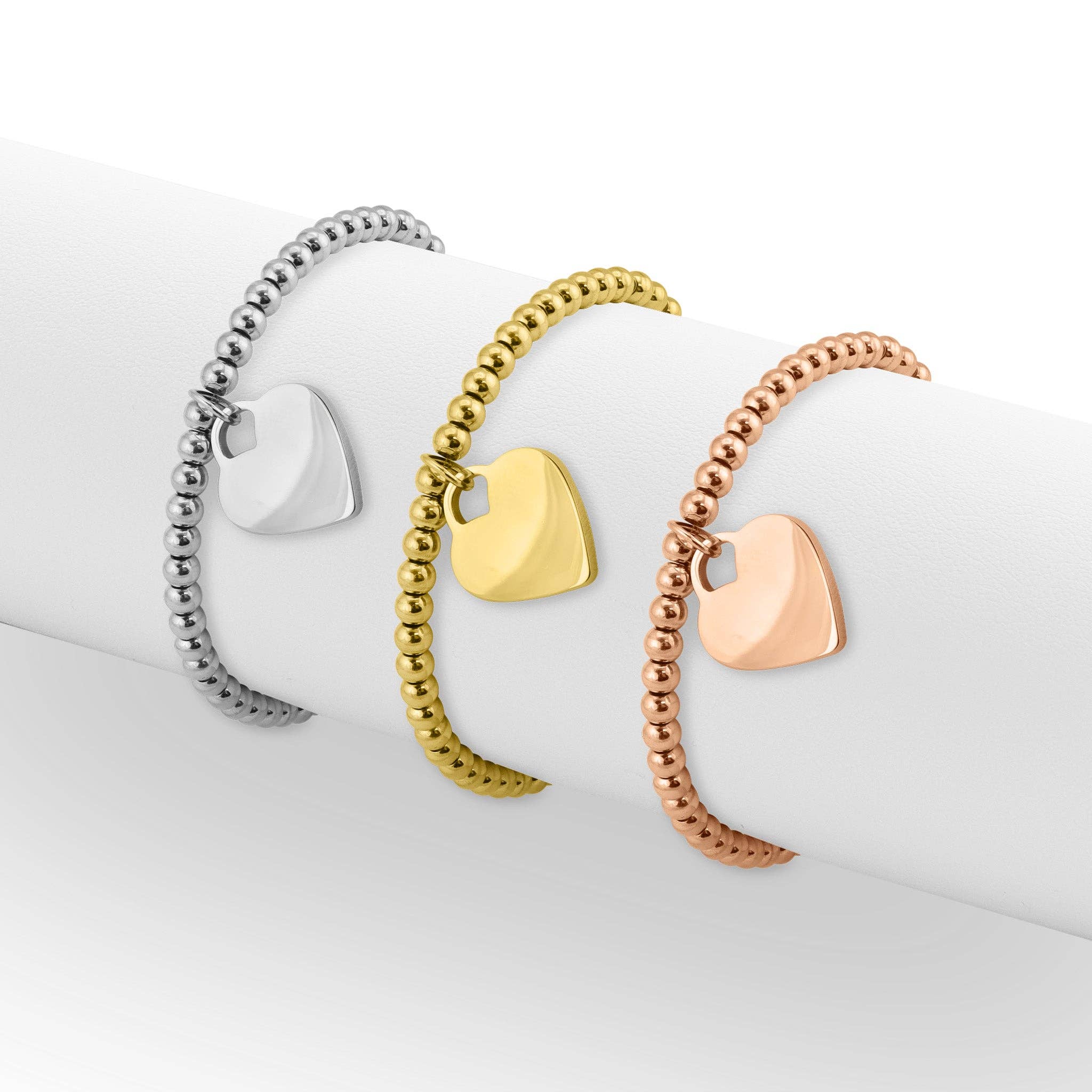 WJW - Wholesale Bedelarmbandje - 18K PVD-gecoate roestvrijstalen stretcharmband met hart en kralen7