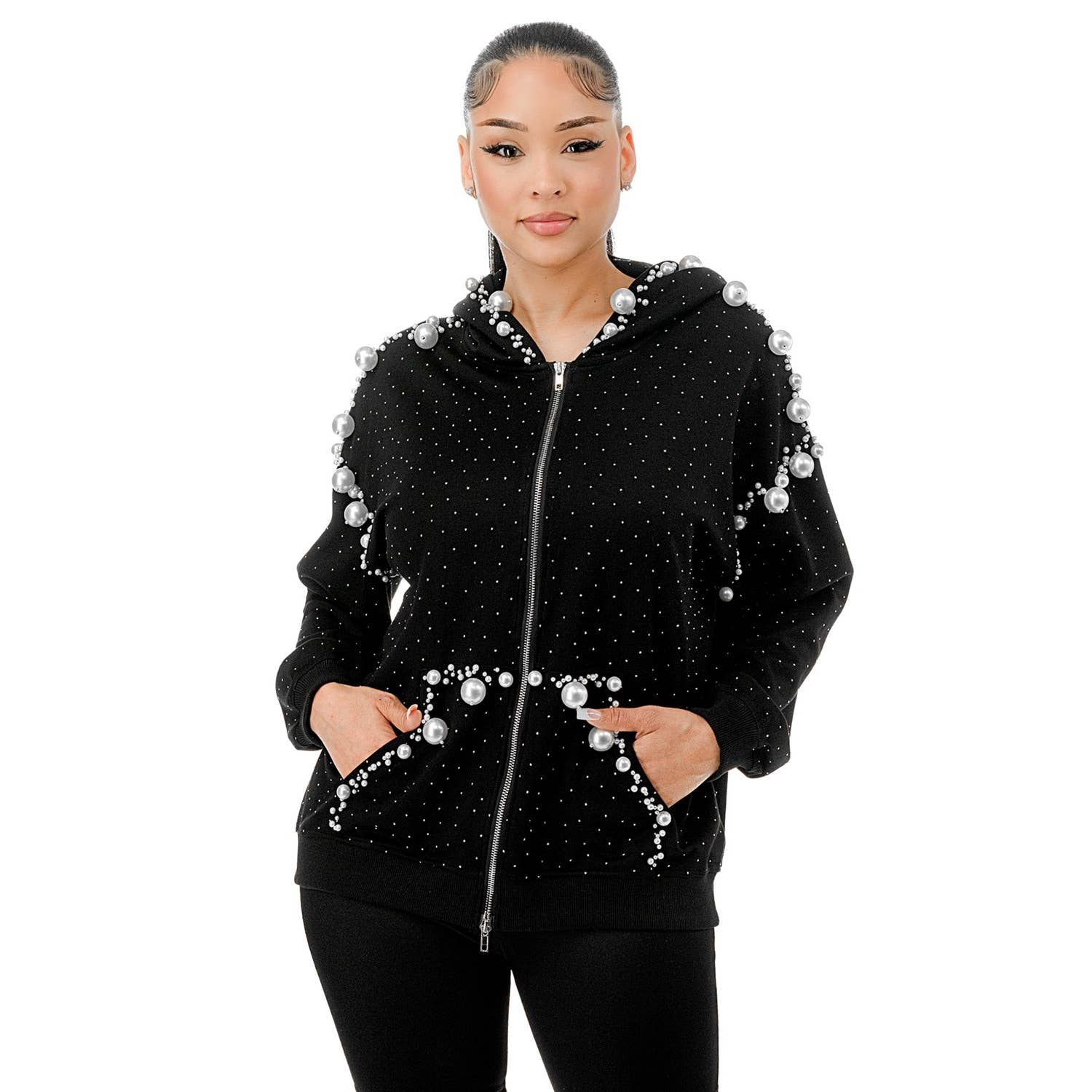 DORCAS - Wholesale Jacket - Women's - Big Pearls Zip Up Hoodie5