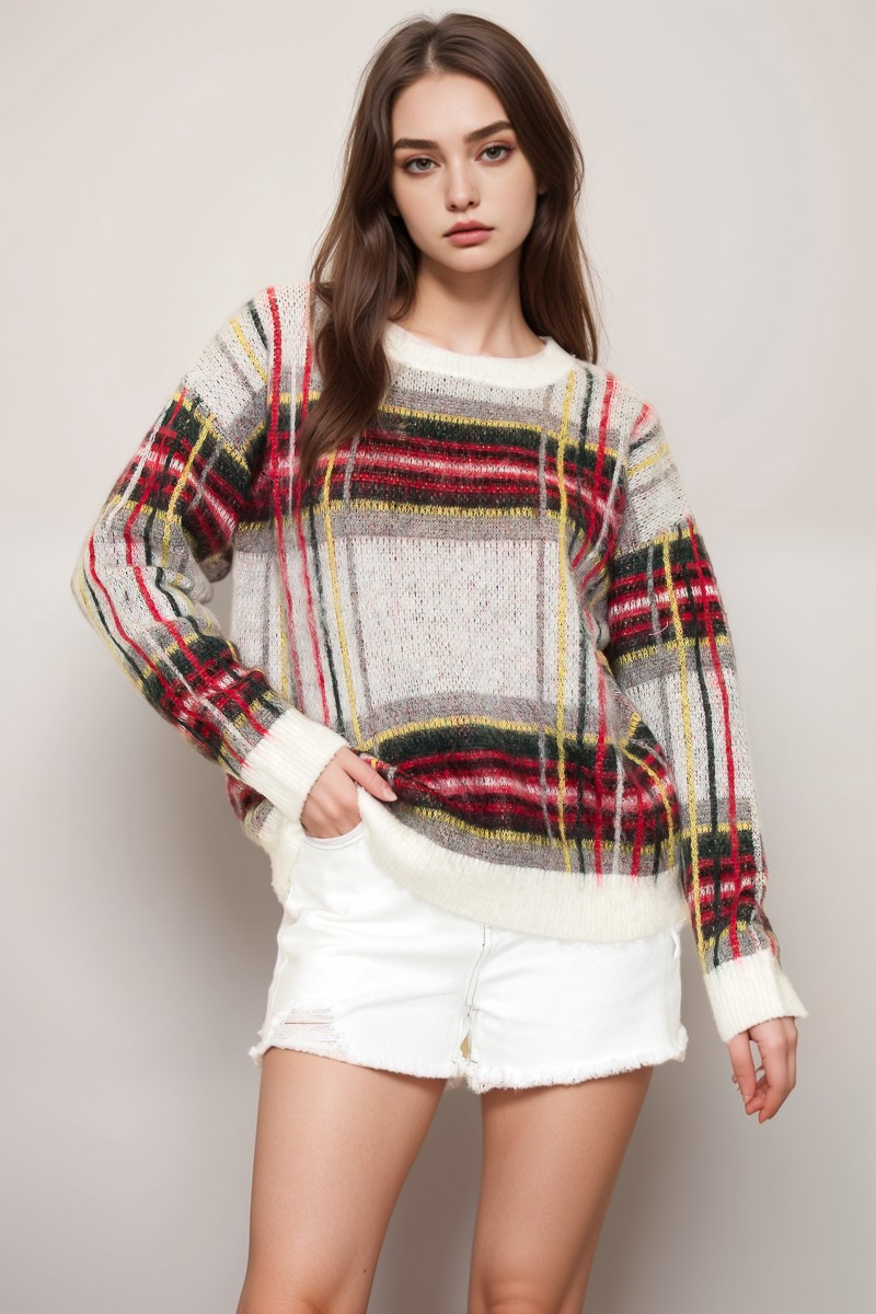 IVORY 11082LP108I - PLUS SIZE - SID CHECK SWEATER for wholesale on Faire1