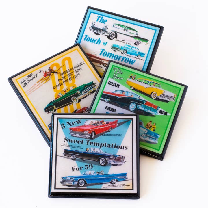 Ensemble de sous-verres Voitures Vintage – Publicités classiques d'automobiles des années 1950 rétro pour la vente par Cheltenham Road