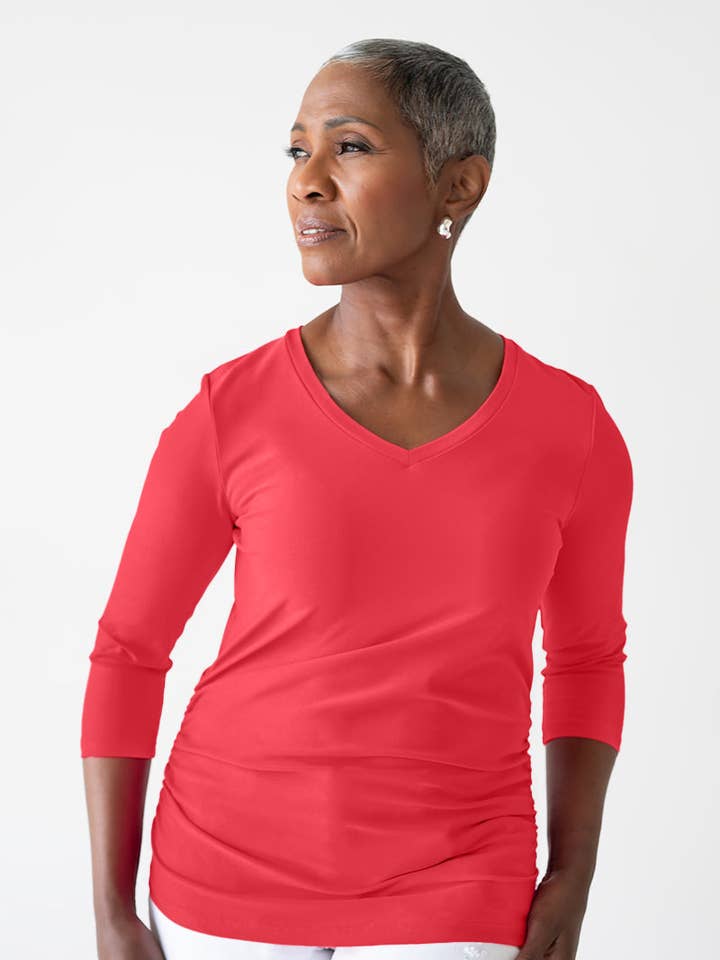 Rachel V-hals 3/4 Mouw Gerimpeld Topje voor wholesale door JudyP Apparel