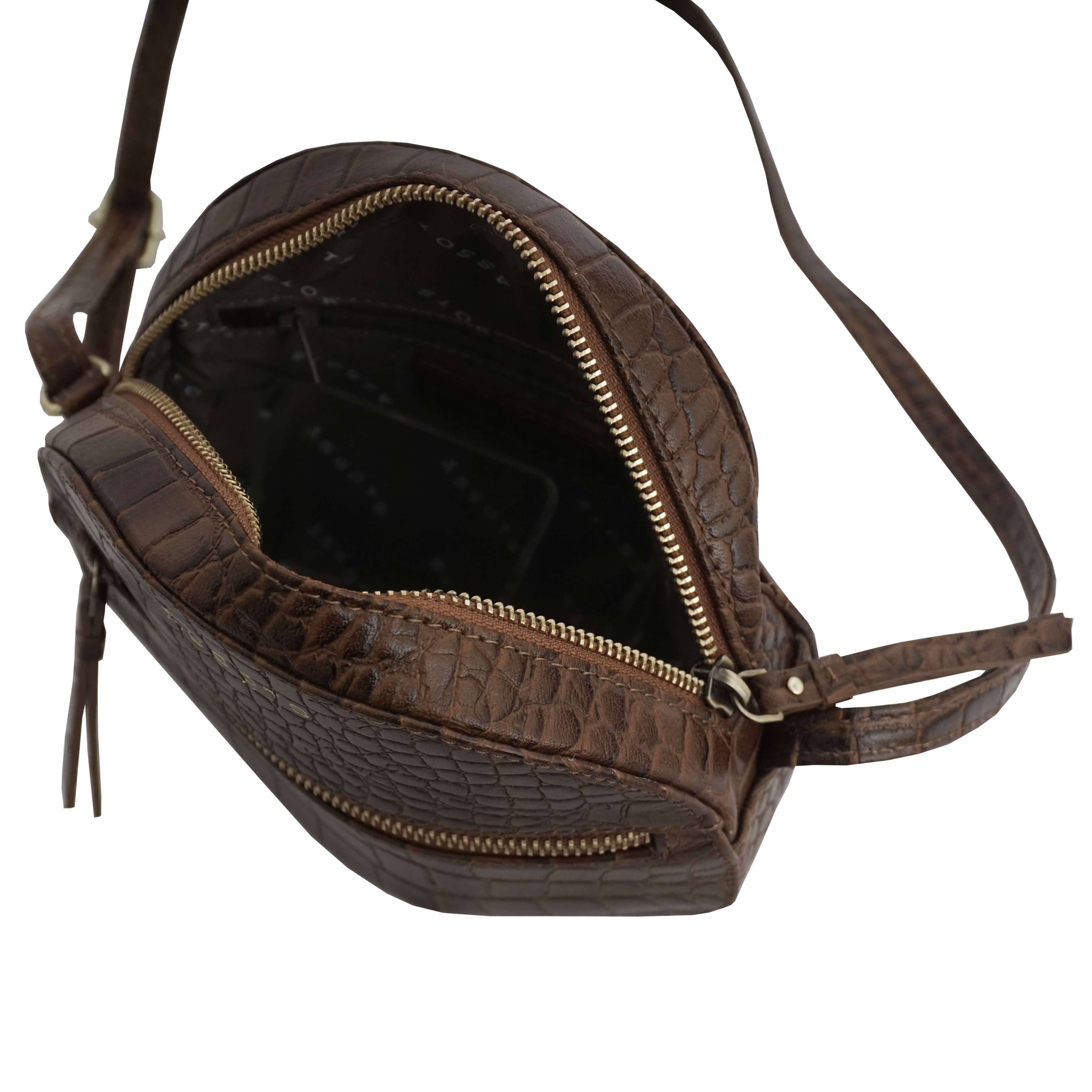 Assots London - Wholesale Crossbody Bag - Women's - 'Jane' Dark Tan Croc Leather Round Designer Crossbody Bag6