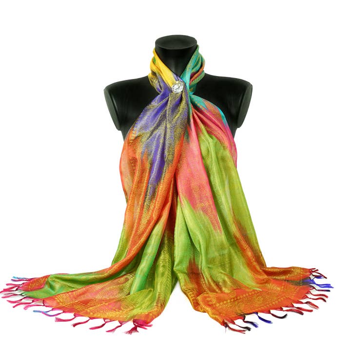 Sciarpa, donna, seta, sciarpa, sciarpa, colore, India, verde, arancione per la vendita all'ingrosso da parte di Deux Siécles de Soie