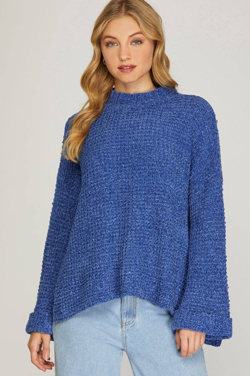 BLUE WAFFLE CHENILLE MOCK NECK SWEATER SKSY53 for wholesale on Faire