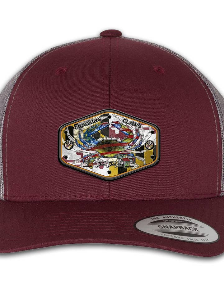 Casquette camionneur à 6 panneaux Maryland Ameri Blue Crab à fermeture snapback bordeaux et grise pour la vente par David Dunleavy