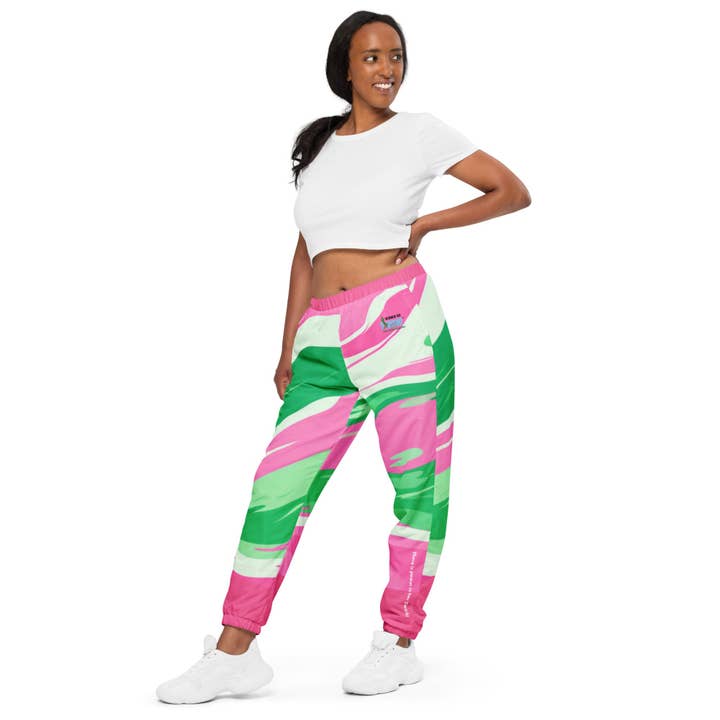 Pantalon d'échauffement tourbillon rose et vert pour la vente par Women Go Swish Athletic Wear