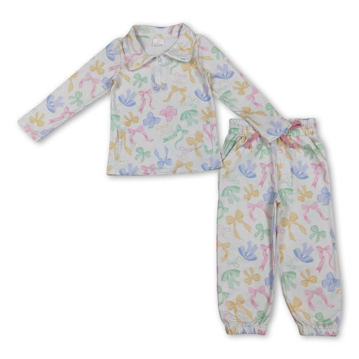 Yawoo Garments - Wholesale Top & Pant Set - Kids - Colorful bow zipper pullover pants girls clothing set