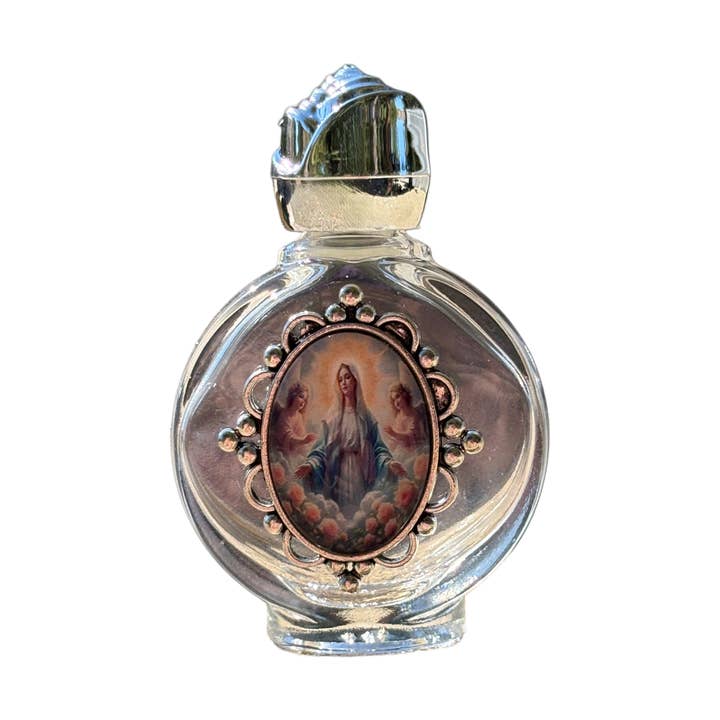 Holy Water Bottle - Lady of Grace Encased w/ Rose Top 2.5" for wholesale by Oremus Mercy
